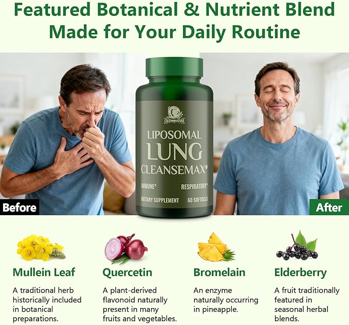 Liposomal Lung Cleansemax Supplement with Mullein Leaf Extract Elderberry Fruit Extract Quercetin + 13 Herbs &amp Vitamins Enhanced Absorption Refreshing Breathing Experience 60 Capsules