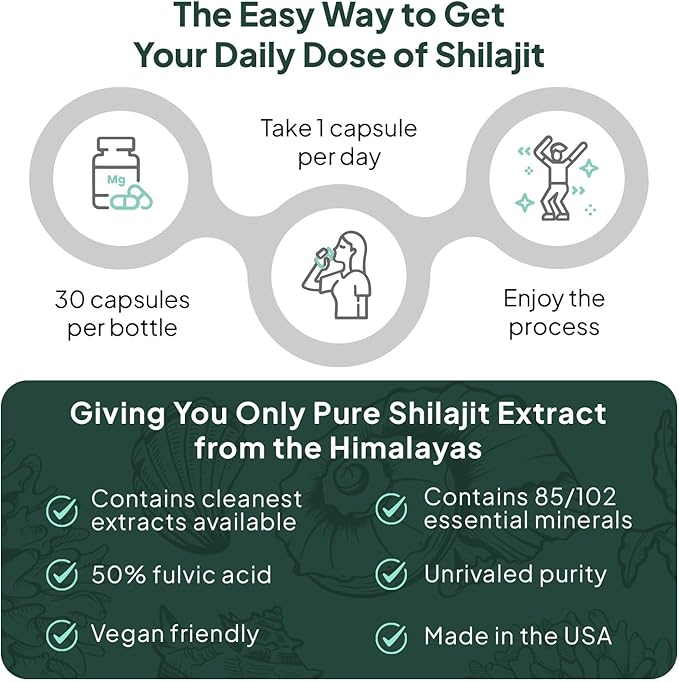 Organics Ocean One-Per-Day Shilajit for Men and Women - Natural Shilajit Supplement for Age-Defying Bone Strength Hormone Support and More - 30 Shilajit Capsules