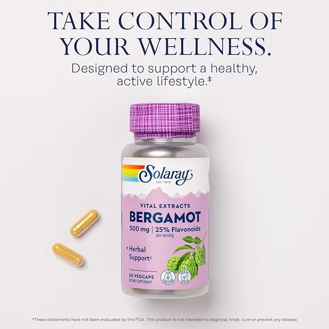 SOLARAY Bergamot 500 mg - Citrus Bergamot Supplement for an Active Lifestyle - Standardized to 25% Flavonoids - with Berberine HCl from Indian Barberry - Vegan 60-Day Guarantee 30 Serv 60 VegCaps