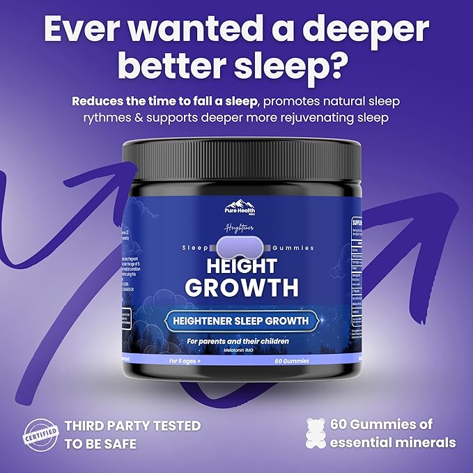 Heightener Height Growth Sleep Gummies - Vitamins to Grow Taller for True Height Potential Natural Height Booster Increase Supplement for Kids and Adults | Calcium &amp Melatonin Multivitamin - 60 G