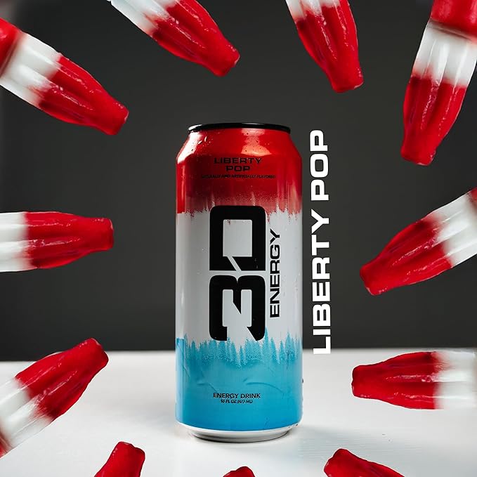 3D Energy Drink – Sugar Free 200mg Caffeine Pre Workout Taurine L-Carnitine Lightly Carbonated 16oz Cans 12 Pack - Liberty Pop