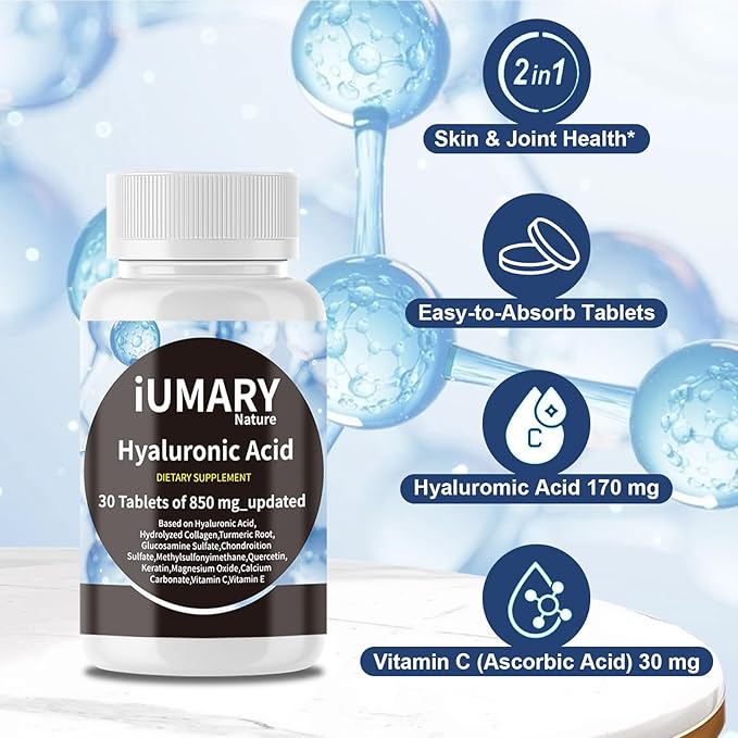Hyaluronic Acid Supplements 850mg High Bioavailable Dietary Hyaluronic Acid - Advanced Joint Support with Hydrolyzed Collagen Turmeric Glu-cosamine MSM Vitamin C – 30 Tablets（Pack of 1）