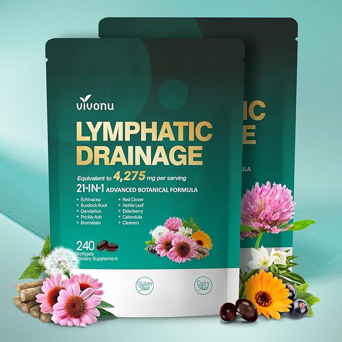 Lymphatic Drainage Supplement 240 Softgels 4275mg Lymph System Support Supplement for Women &amp Men 21-in-1 Herbal Blend with Echinacea Dandelion Burdock Bromelain Calendula Turmeric &amp M