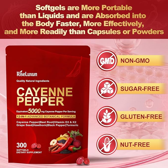 12-in-1 Cayenne Pepper Capsules Supplement* 5000mg Per Serving Containing | Vitamin D3 K2+E &amp Extracts of Grape Seed Hawthorn Beetroot Berberine Other Extracts