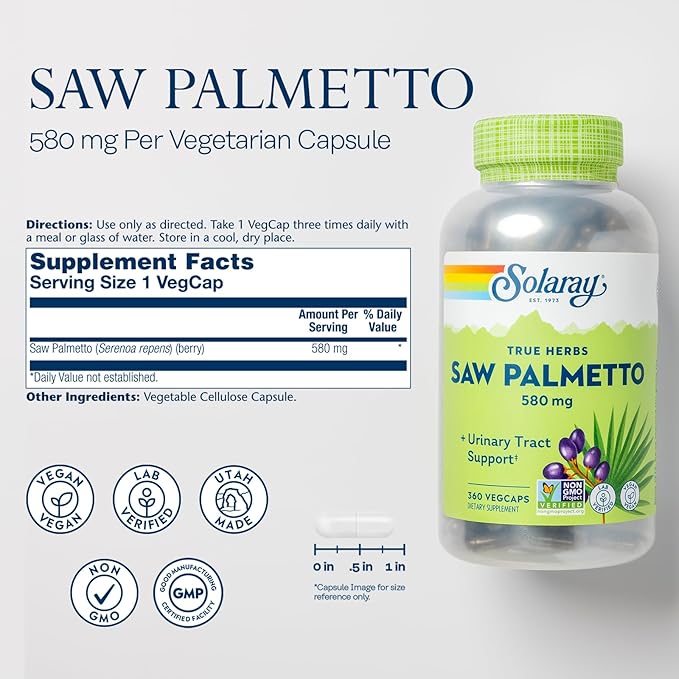 SOLARAY Saw Palmetto Berries 580 mg - Prostate Supplements for Men - Prostate Health Urinary Tract Support Hair Health w/Fatty Acids and Plant Sterols Vegan 60-Day Guarantee 360 VegCaps