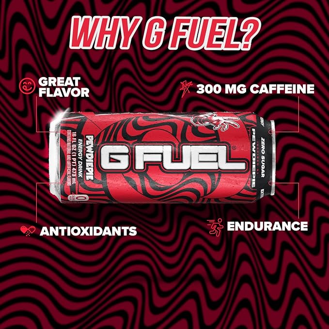 G Fuel Energy Drink Lingonberry Sugar Free Beverage with 300mg Caffeine Daily Energy Boost with Focus Amino Vitamin + Antioxidants 16 oz Cans (PewDiePie 12-Pack)