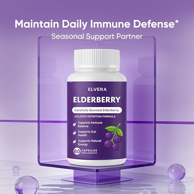 Elvera Elderberry Gut Support Complex - Organic Black Elderberry Soft Capsules with Zinc &amp Vitamin C – Immune Support Digestive Balance Natural Energy Daily Immune &amp Digestive Wellness 60