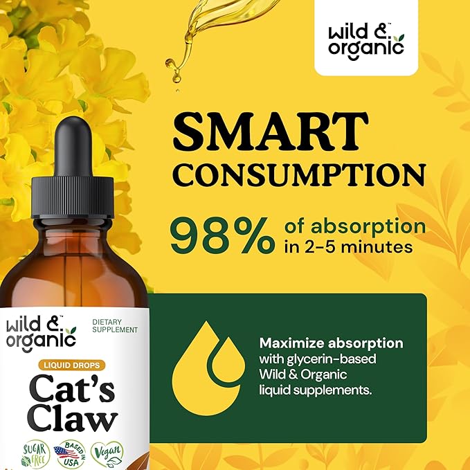 Wild &amp Organic Cats Claw Herb Supplement - Immune Support - Pure Cats Claw Tincture - Add to Tea Liquid Drops - Uncaria Tomentosa Bark - Vegan Sugar &amp Alcohol-Free - 4 fl oz
