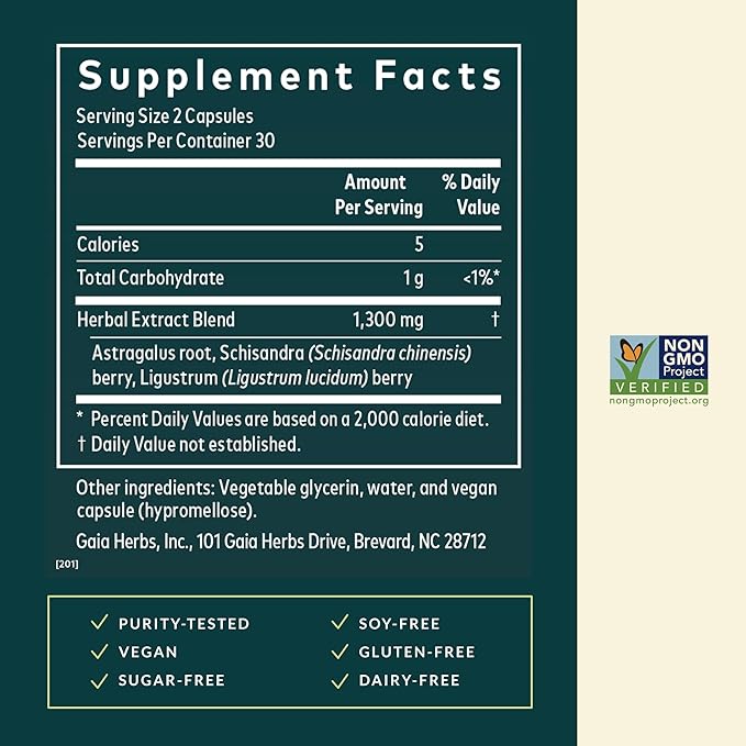 Gaia Herbs Astragalus Supreme - Immune &amp Antioxidant Support* - Herbal Supplement with Astragalus Root Schisandra Berry &amp Ligustrum - 60 Vegan Liquid Phyto-Caps (30 Servings)