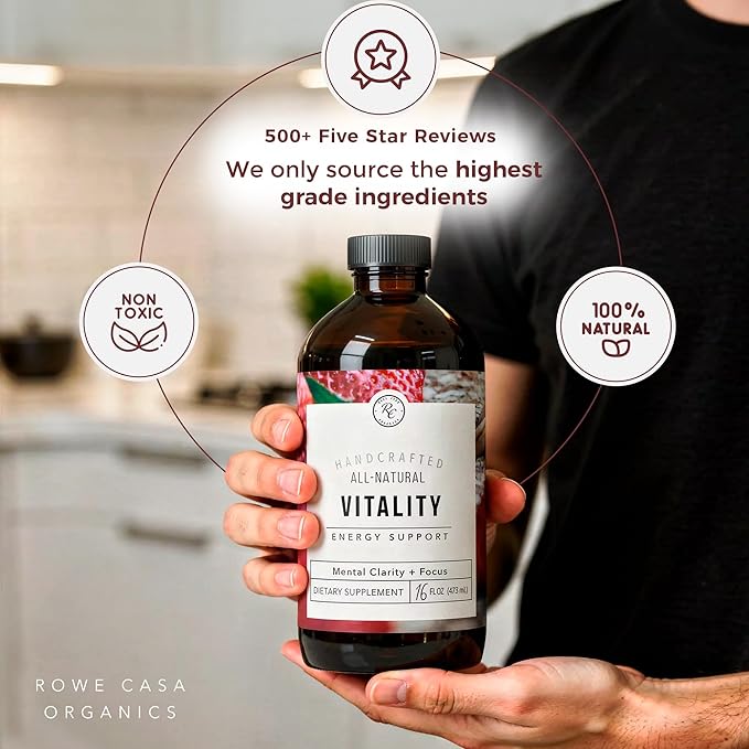 Rowe Casa Organics Vitality Energy Support with Strawberries Guarana &amp Rhodiola Extract – Natural Caffeine Liquid Vitamins for Mental Clarity and Focus – 16