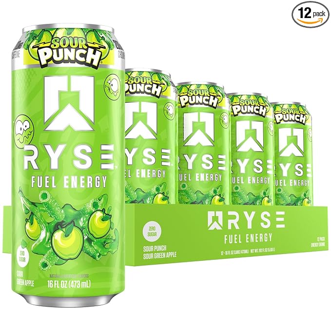 RYSE Fuel Energy Drink - Sour Punch Green Apple - Sugar Free Gluten Free &amp Vegan - 200mg Natural Caffeine Taurine &amp Choline for Focus &amp Energy - No Artificial Colors - 16 fl oz Cans (12-