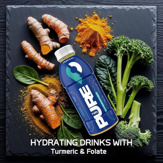Pure Fuel Hydration Drinks Tropical Torrent - Plant-Based Healthy Electrolyte Drinks with B-Vitamins - No Added Sugar - 12 Pack x 16.9 fl oz Bottles
