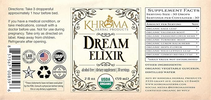 Khroma Herbal Products Dream Elixir - Organic Dream Enhancer - 30 Servings - 2 Fl Oz Liquid Dietary Supplement Lucid Dreaming