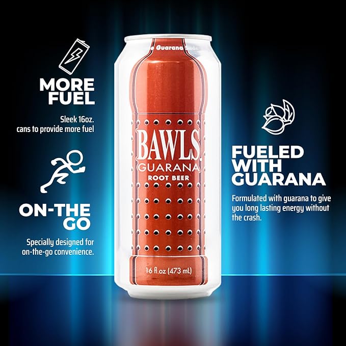 BAWLS Guarana Root Beer - Guarana Fueled Soda for Energy High Caffeinated Drink 12 Pack 16oz Cans