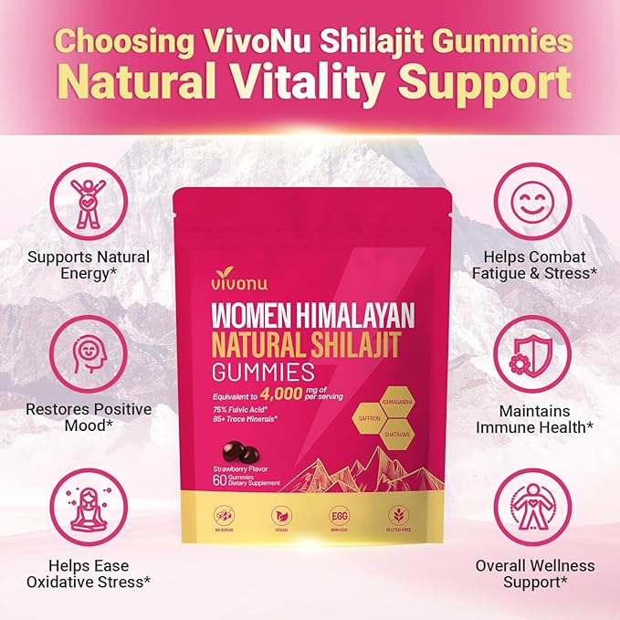 Shilajit for Women Gummies micronutrient Supplement Pure Himalayan Shilajitn Contains Tongkat Ali Ashwagandhaa Turmeric Saffron for hormonal Balance &amp Energy | Strawberry Flavor (60 Gummies)