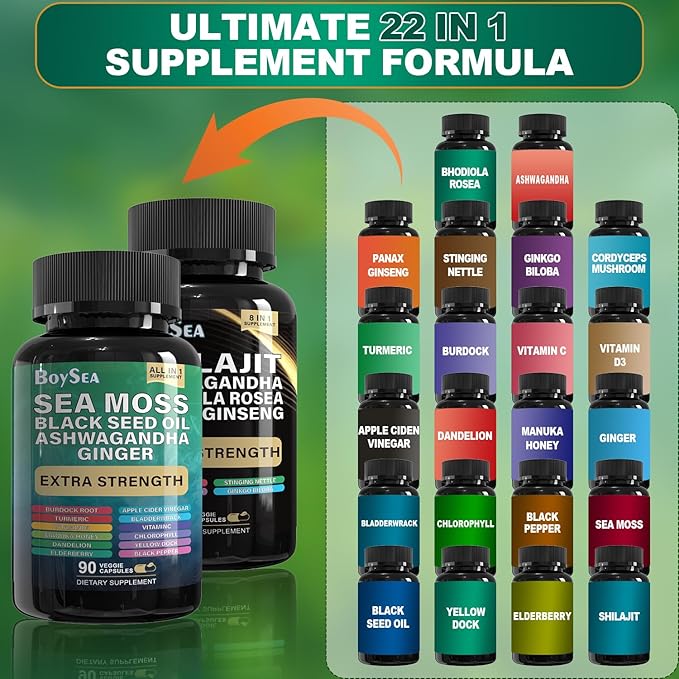 Boysea.Shilajit and Sea Moss Bundle- 90 Count - Sea Moss Black Seed Oil Ashwagandha Ginger &amp Shilajit Rhodiola Rosea All in 1 Supplements (2 Pc)