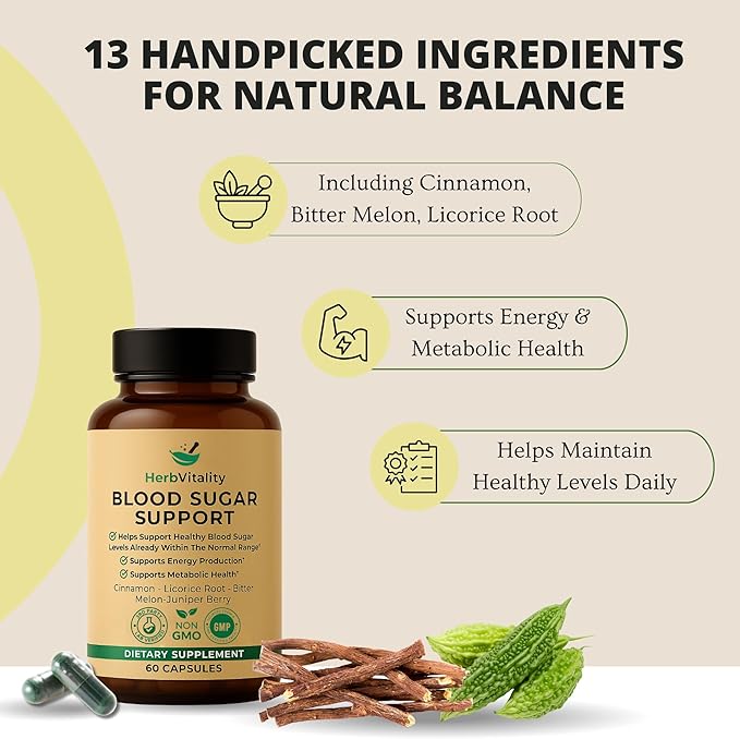 Blood Sugar Support Supplement with Cinnamon Bitter Melon – Supports Healthy Blood Sugar Levels Already Within Normal ranges | Licorice Root Extract - 60 Capsules