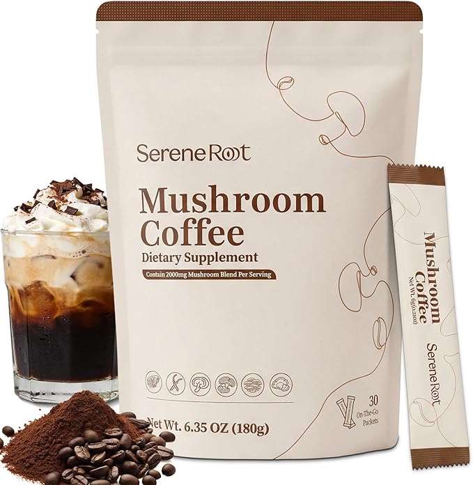 Mushroom Coffee Adaptogenic Mushrooms with Lion's Mane Reishi Cordyceps Turkey Tail Maitake Chaga Instant Coffee with MCT Oil for Energy Focus Digestive &amp Immune 30 Sachets