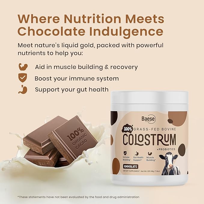 Organic Chocolate 4000mg Grass Fed Bovine Colostrum Powder + Probiotics Colostrum Supplement for Kids &amp Adults with Immunoglobulins (220.98 Grams)