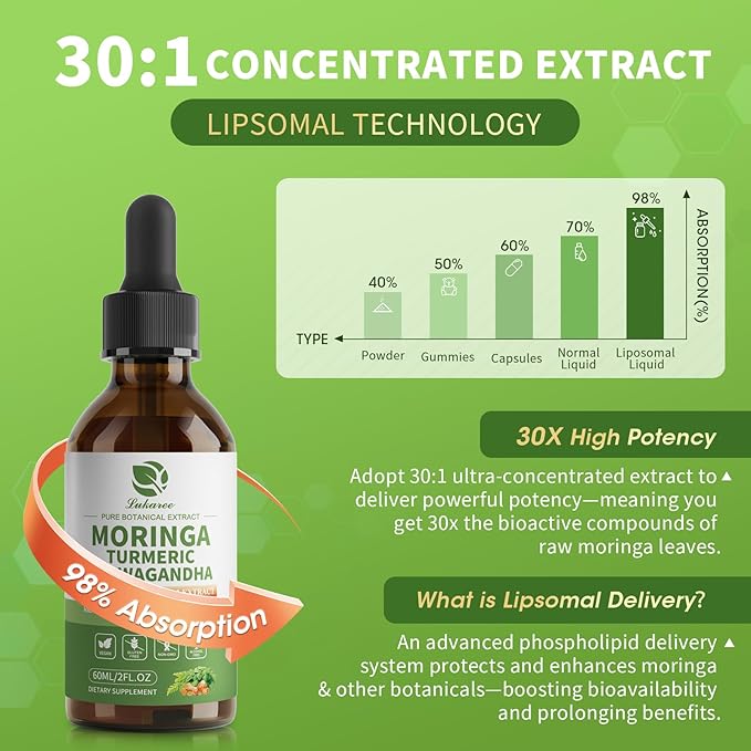 12-in-1 Organic Moringa Drops with Ashwagandha Turmeric Quercetin Lipsomal 98% Absorption &amp 30:1 Extract for Energy Immune Joint Digestive Metabolism Vegan Non-GMO More Potency Than Moringa Pow