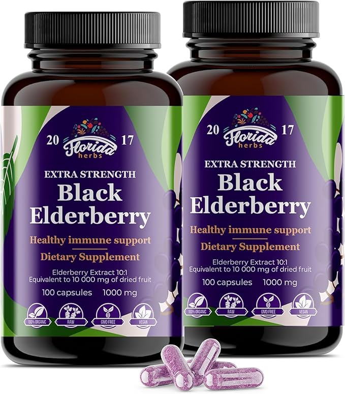 Black Elderberry Capsules | 200 Count - 10000mg | Sambucus Elderberry Vitamins Non-GMO Gluten Free Organic Elderberry Extract Sambucus Nigra - 200 Vegan Capsules - Pack of 2