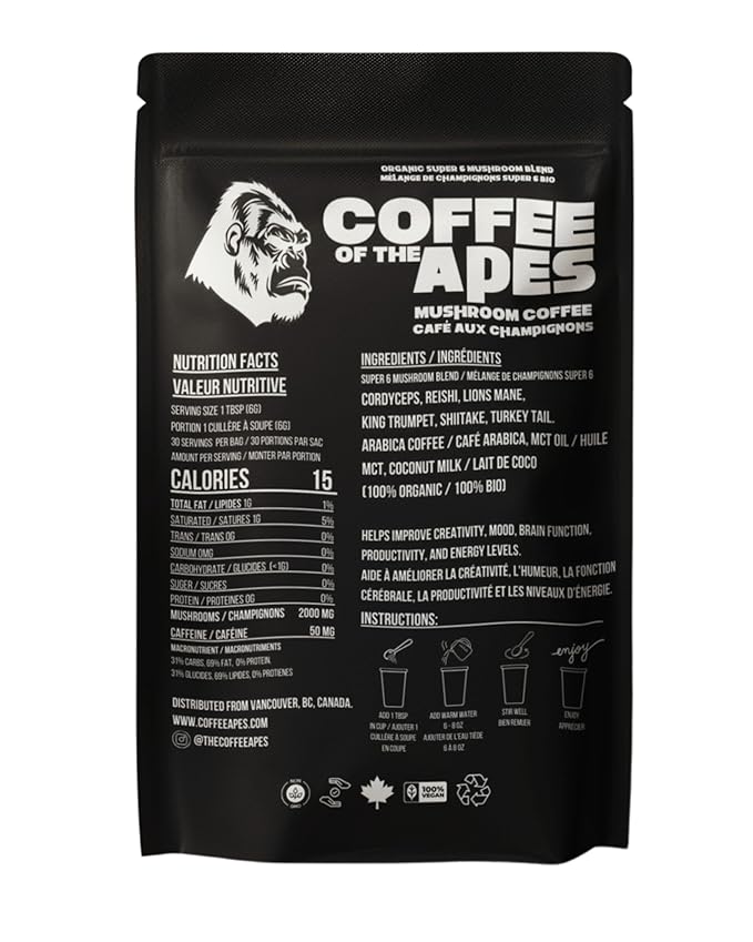 Coffee Of The Apes - Organic Instant Mushroom Coffee - High Potency Functional Adaptogen Drink with Lion's Mane Cordyceps Reishi Turkey Tail King Trumpet Shiitake Real Arabica Beans and MCT OIL