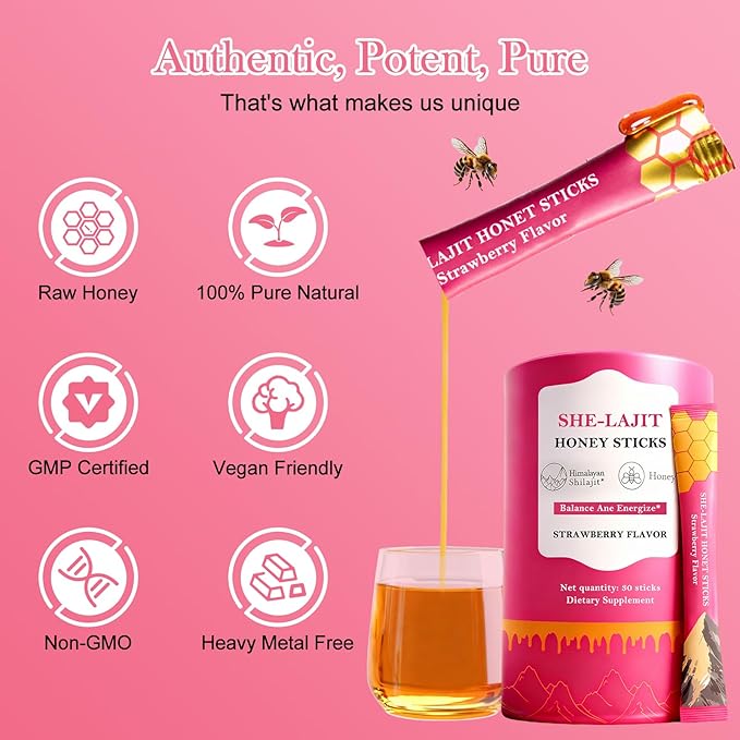 Shilajit Honey Sticks for Women Strawberry Shilajit Honeysticks with Shatavari &amp Saffron 75%+ Fulvic Acid &amp 85+ Trace Minerals for hormonal Balance &amp Energy Boost Easy Single | 30 Stick