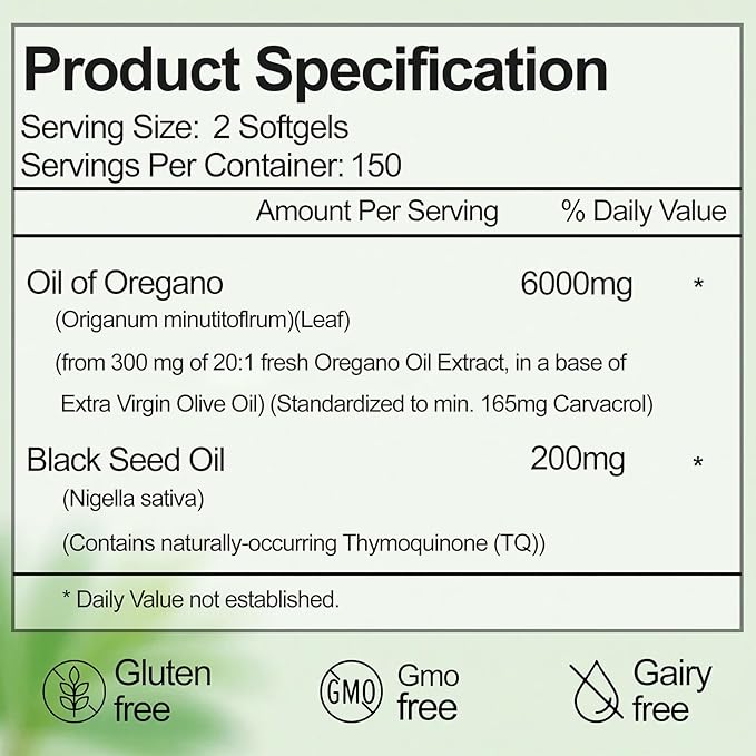 Oil of Oregano with Black Seed Oil - Oil of Oregano Capsules Aceite de Orégano Capsulas Immune Support Non-GMO Gluten Free 6000MG 300 Softgels