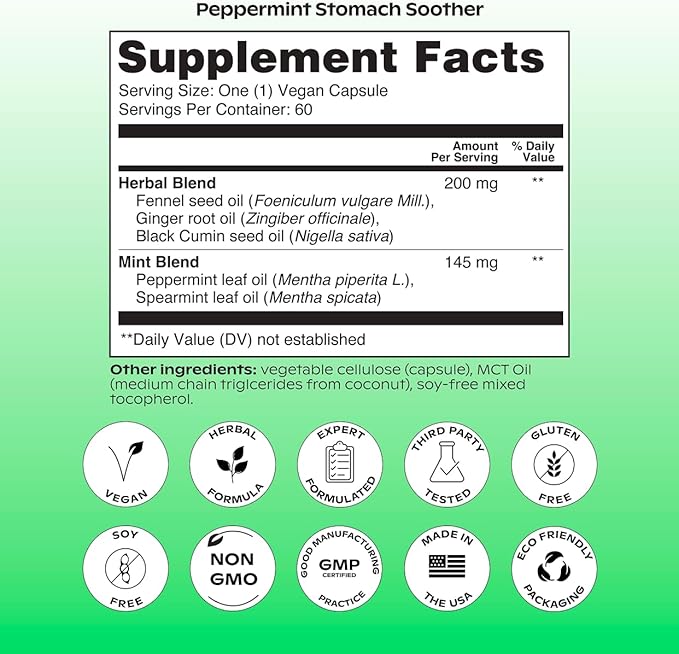 wholier Peppermint Oil Ginger Root Oil for Bloating Relief Nausea Relief Upset Stomach Relief + Gut Health. Daily Herbal Supplement. Peppermint Stomach Soother. (60 Vegan Capsules) Glass Bottle