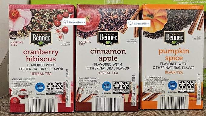 Benner Herbal/Black Tea Cranberry Hibiscus Cinnamon Apple Pumpkin Spice 20 Tea Bags 1.76 49g (Three Boxes)