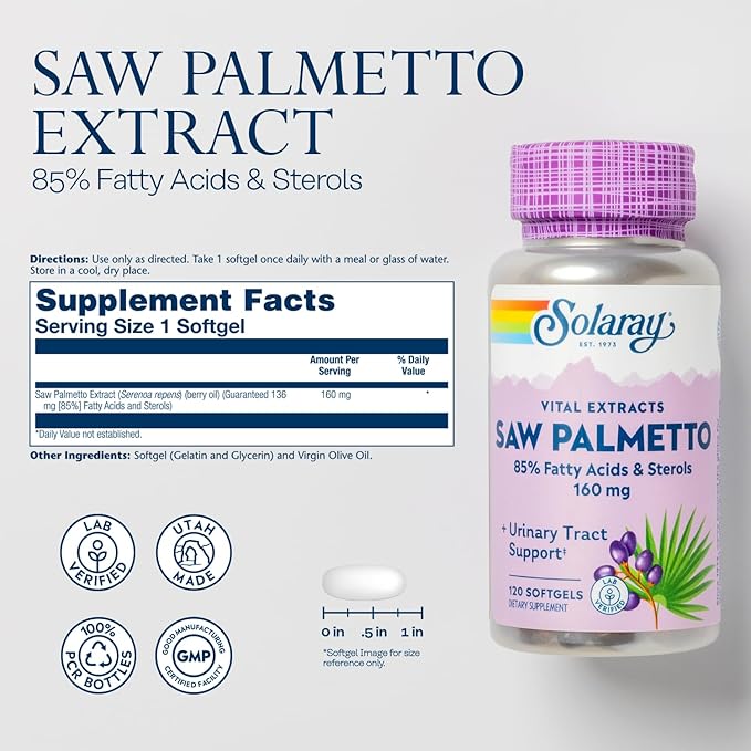SOLARAY Saw Palmetto Extract - Prostate Health and Urinary Tract Support - 136 mg Fatty Acids and Sterols - Lab Verified 60-Day Money-Back Guarantee (120 Servings 120 Softgels)