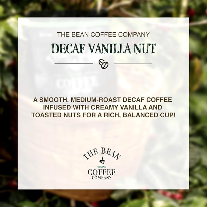 The Bean Organic Coffee Company Water Processed DECAF Vanilla Nut Medium Roast Ground Coffee 16-Ounce Bags (Pack of 2) Café Molido Tostado Orgánico descafeinado
