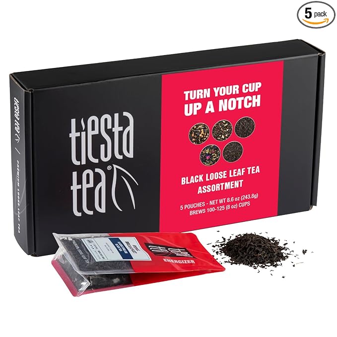 Tiesta Tea - Black Loose Leaf Tea Gift Set High Caffeinated Assorted Blends 5 Pouches for Hot &amp Iced Brews Variety Pack English Breakfast Earl Grey Chai &amp Passion Fruit