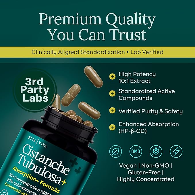 Potent Cistanche Tubulosa Capsules (500 mg) Stress Response Mood &amp Cortisol Support (2x Potent 50% Echinacoside/10% Acetoside) Hormonal Balance for Men &amp Women - Cistanche Supplement Powder