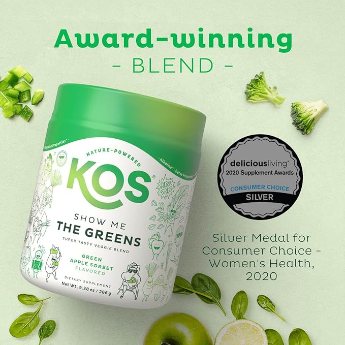 KOS Organic Super Greens Powder Erythritol Free - Plant Based Superfood Blend with Spirulina Chlorella &amp Wheatgrass - USDA Certified Organic Green Juice Smoothie - Apple Flavor - 28 Servings