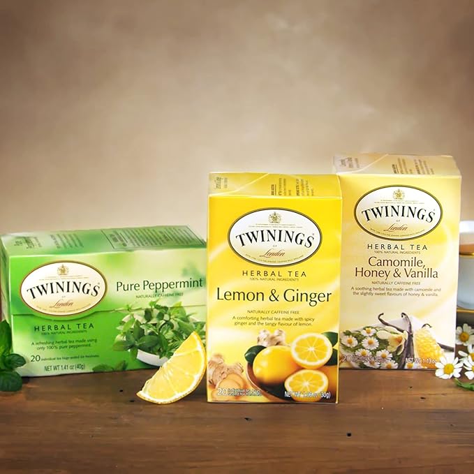 Twinings Herbal Tea Bags Variety 6-Pack – Naturally Caffeine-Free Teas Peppermint Red Rooibos Lemon &amp Ginger &amp Camomile Varieties 20 Count Each