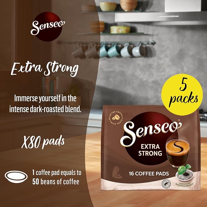 Senseo Extra Strong Dark Roast Coffee Pods – 80 Count (5 Packs of 16) – Intense &amp Bold Flavor with Rich Crema – Single-Serve Coffee Pads Compatible with Senseo &amp PeleCom Machines