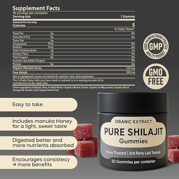 Shilajit Gummies–Himalayan Source 9000mg Energy &amp Immune Support for Men &amp Women Fulvic Acid + 85 Trace Minerals Manuka Honey Flavor Organic Non-GMO 30 Vegan Gummies