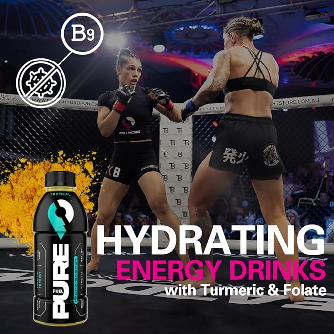 Pure Fuel Healthy Energy Drinks Tropical Torrent - Sports Drinks - Plant Based - 180mg Natural Caffeine - 12pk x 16.9 fl oz