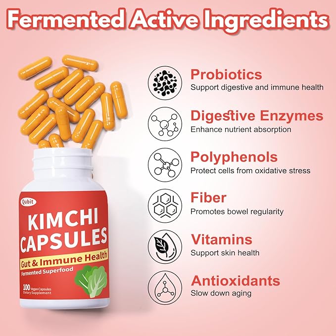 QUBIT Kimchi Capsules Kimchi Supplement Probiotics &amp Enzymes Supports Gut &amp Digestive Health Taste Well One Fermented Superfood for Antioxidant Support 90 Vegan Capsules Pills