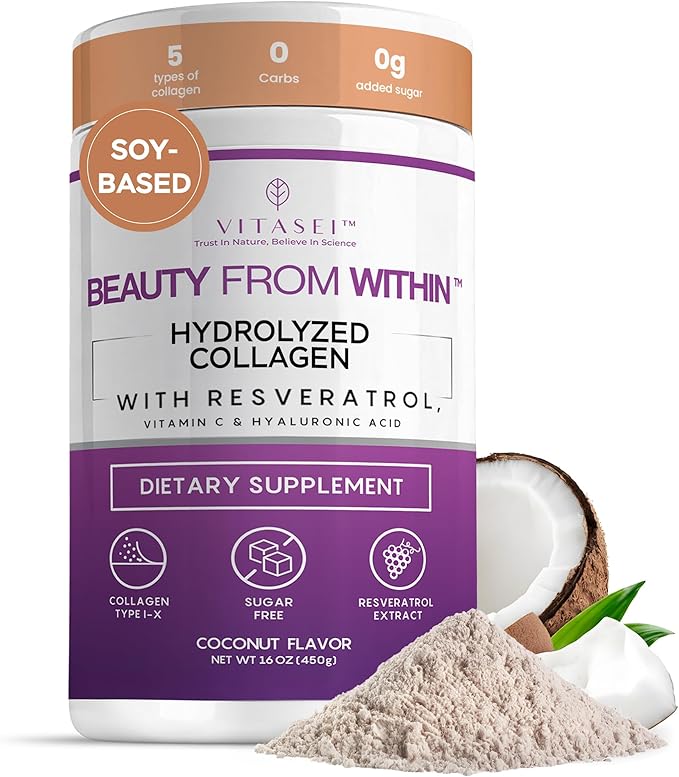 VITASEI Hydrolyzed Collagen Peptides Powder with Resveratrol &amp Vitamin C – Hair Skin &amp Joint Support – Colágeno Hidrolizado for Women &amp Men – Soy-Based Formula – Coconut Flavor 16 oz (30