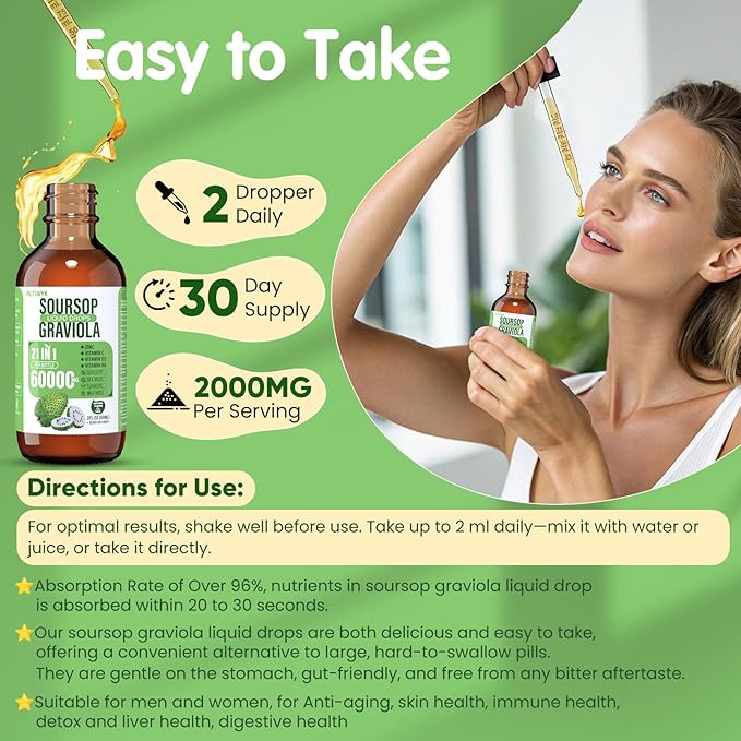 21-in-1 Soursop Graviola Liquid Drop Soursop Bitters Liquid 2000mg Organic Soursop Leaves &amp Fruit with 300mg Sea Moss Zinc Vitamins for Cellular Immune Skin Digestive Natural Flavor 60ML