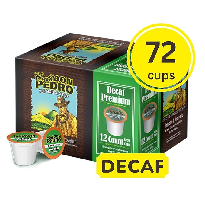 Cafe Don Pedro Decaf Premium Low Acid Coffee Pods For Keurig K-cup - Enjoy Tasty Coffee For Sensitive Stomach - 72 Low Acid K cups 100% Arabica Stone Ground