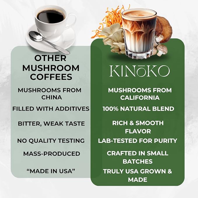 Kinoko USDA Organic Mushroom Coffee 30 Servings with MCT Oil Instant Creamy Coffee Mix with 7 Adaptogenic Mushrooms for Focus Energy &amp Wellness USA Grown