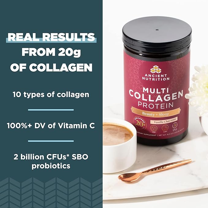 Ancient Nutrition Collagen Powder Protein Multi Collagen Protein Beauty + Sleep with Vitamin C Vanilla Chai Hydrolyzed Collagen Peptides Supports Skin and Nails Sleep 16.1oz