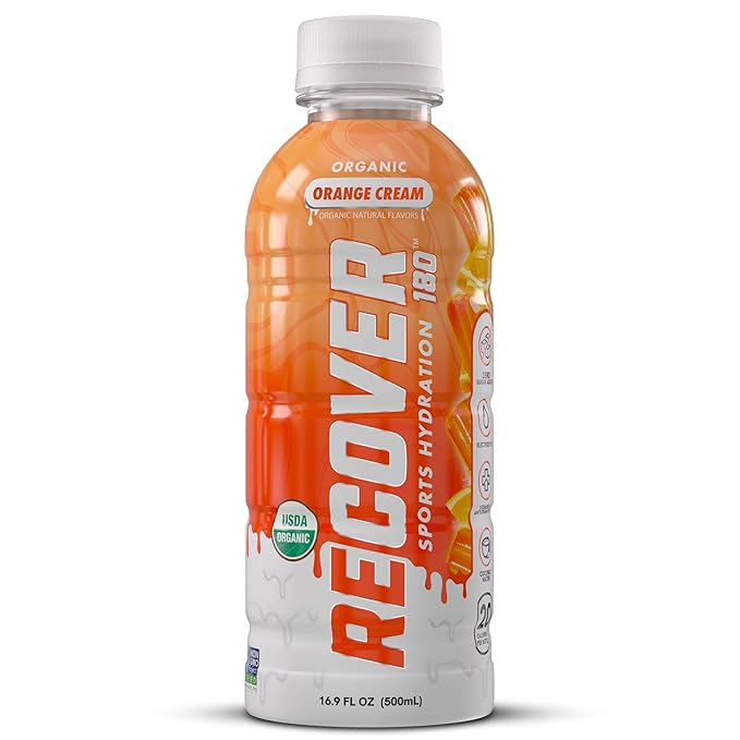 RECOVER 180 Organic Sports Hydration Drink No Sugar Added 20 Calorie Sports Beverage Organic Flavors With Vitamins Potassium-Packed Electrolytes (16.9 Fl Oz (Pack of 12) Orange Cream)