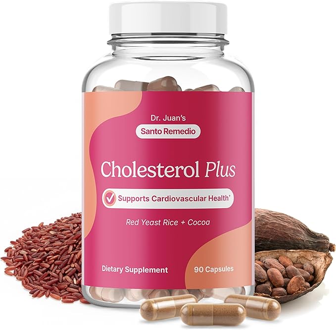Santo Remedio Cholesterol Plus with Red Yeast Rice &amp Cocoa Cardiovascular Support Supplement for Heart Health Gluten-Free Non-GMO Capsules 30 Servings | Gift for Wellness Care