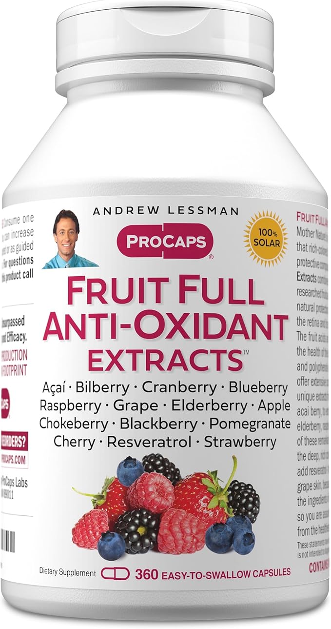 ANDREW LESSMAN Fruit Full Anti-Oxidant Extracts 360 Capsules - 14 Natural Fruit and Berry Extracts. Bilberry Cranberry Grape Seed Pomegranate Resveratrol and More. Easy to Swallow Capsules