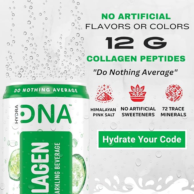 HYDRADNA- Sparkling Liquid Collagen Protein Water Drink Balanced Nutrients for Wellness - Sugar-Free - Keto-Friendly - No Gluten (12 Pack) Cucumber Lime