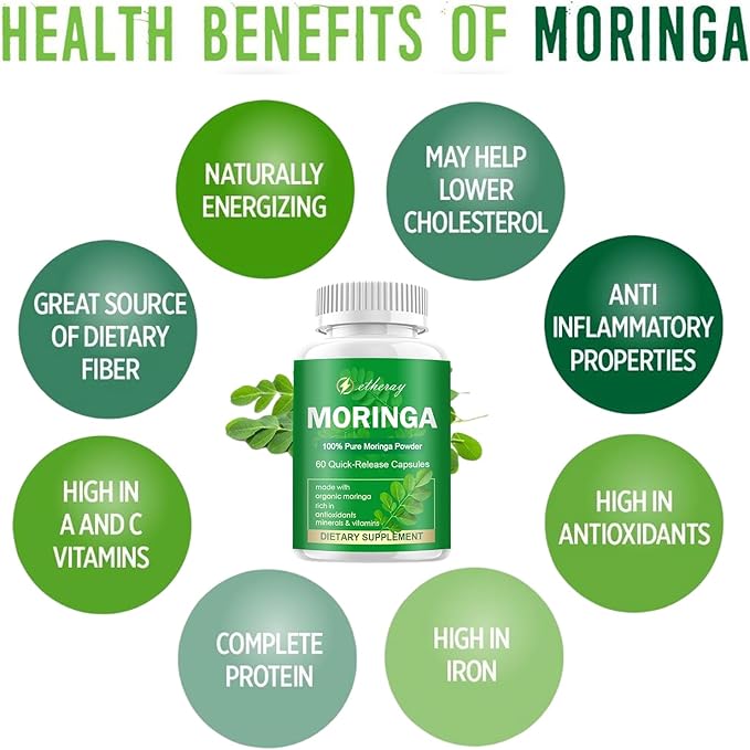 Moringa Capsules Pure Moringa Powder 800mg per Serving - Rich in Antioxidants Multi Minerals &amp Vitamins | Green Superfood - Natural &amp Vegan Supplement - 60 Capsules